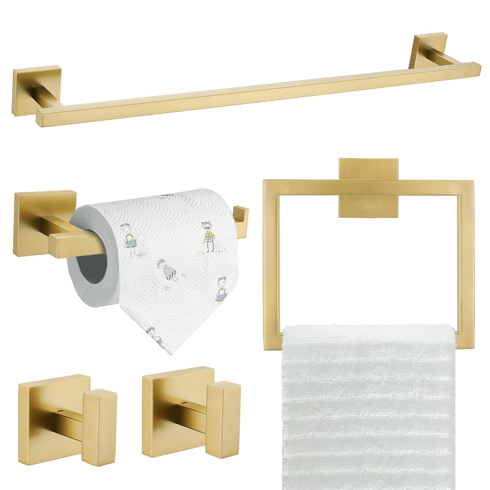 Tqkag 5-Piece Bathroom Accessories Set Brushed Gold Bathroom Hardware Set Sus304 Stainless Steel Classic Wall Mounted Towel Bar
