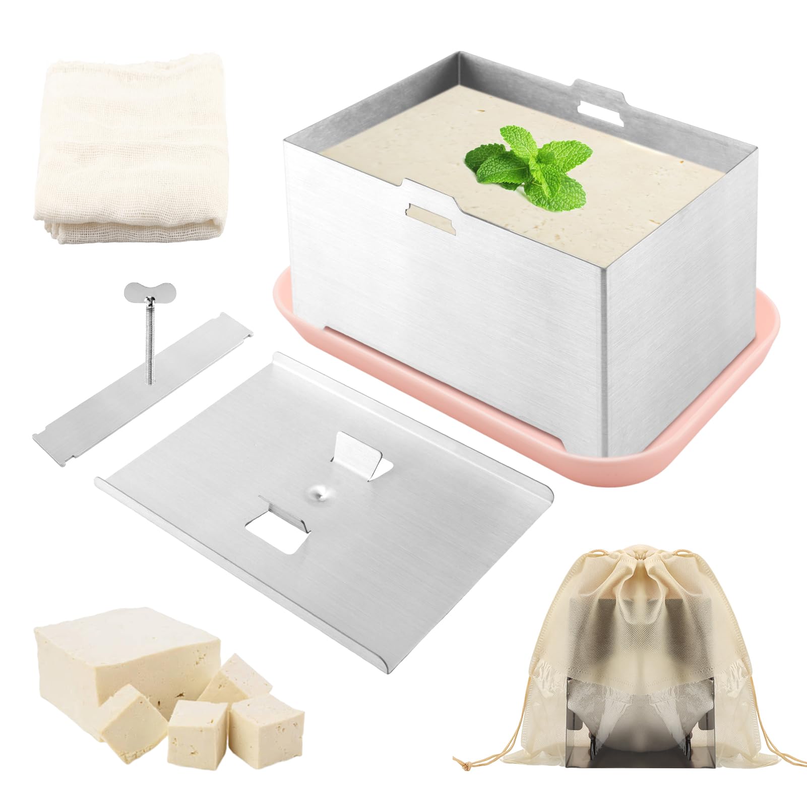 Tofu Press, Stainless Steel Paneer Maker with Tofu Press Cloth and Drip Tray, for Homemade Firm Tofu, Paneer Maker & Cheese Pres