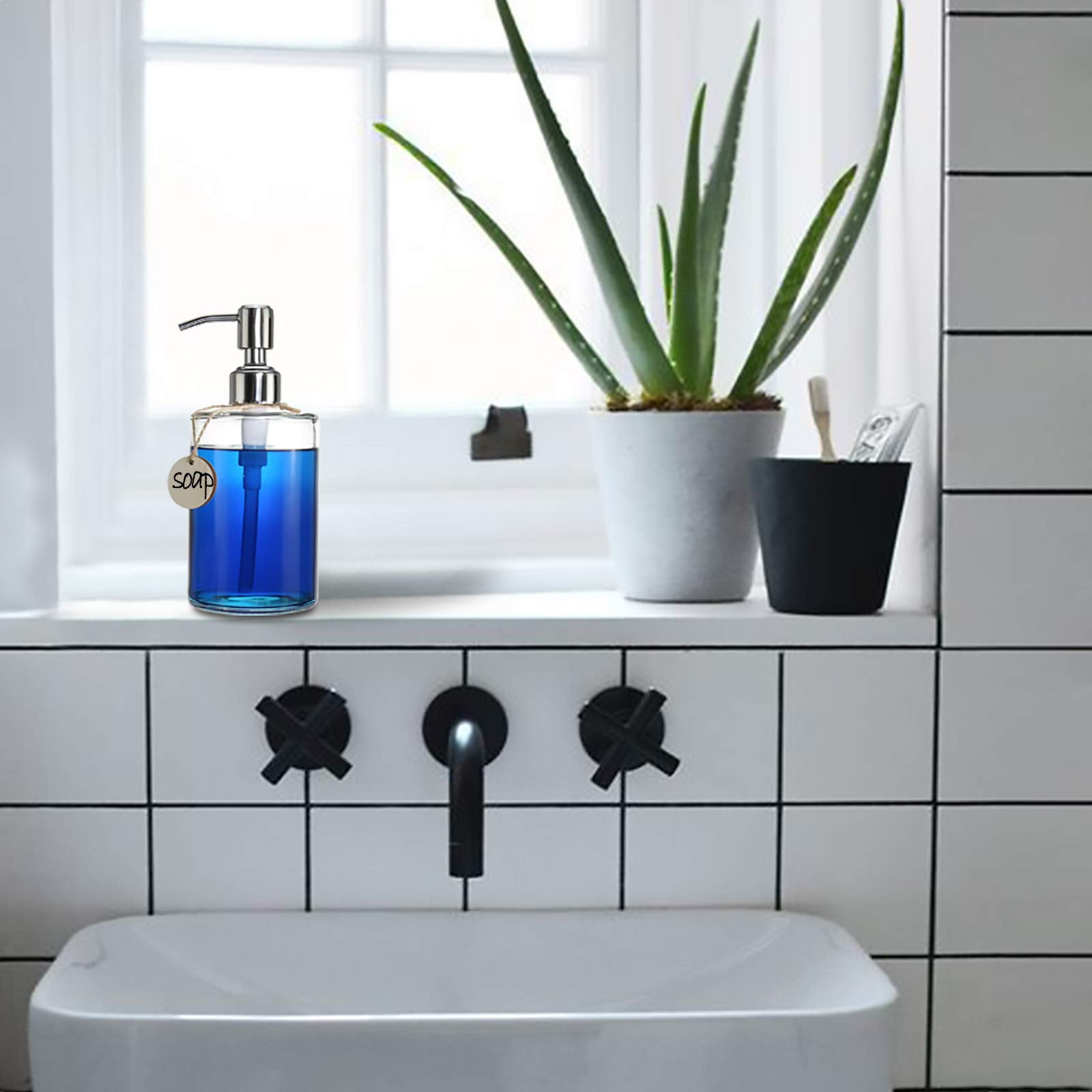 Jasai 16Oz Cylinder Glass Soap Dispenser With Rust Proof Stainless Steel Pump, Refillable Bathroom Soap Dispenser For Hand Soap,