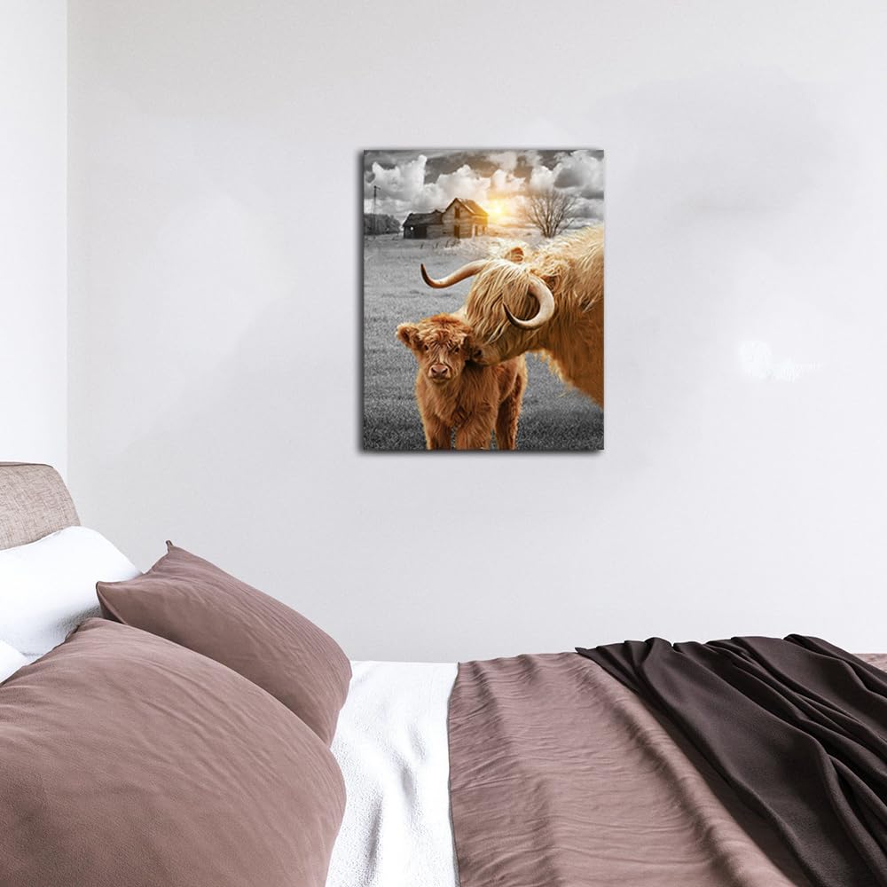 Highland Cow Wall Art Canvas Print Farmhouse Cow Picture Longhorn Cattle Animal Painting Stretched And Framed For Wall Decor 16X
