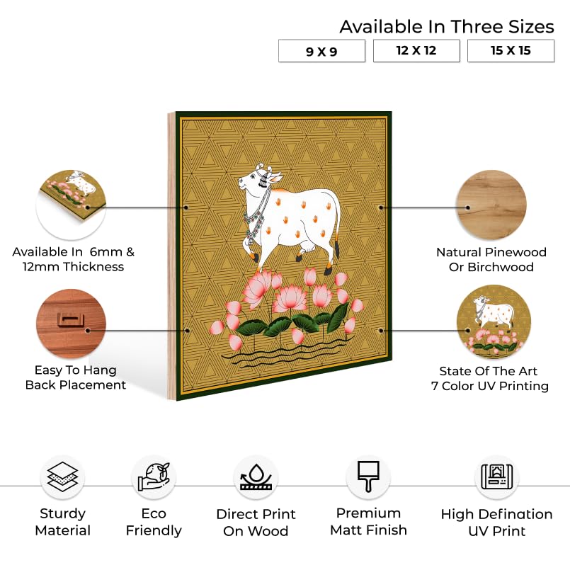 Chalk My Theme Sacred Cow Pichwai Wood Print Wall Art Gold Home Decor, Living Room, Bedroom, Cafe, Room Painting For Wall Decora