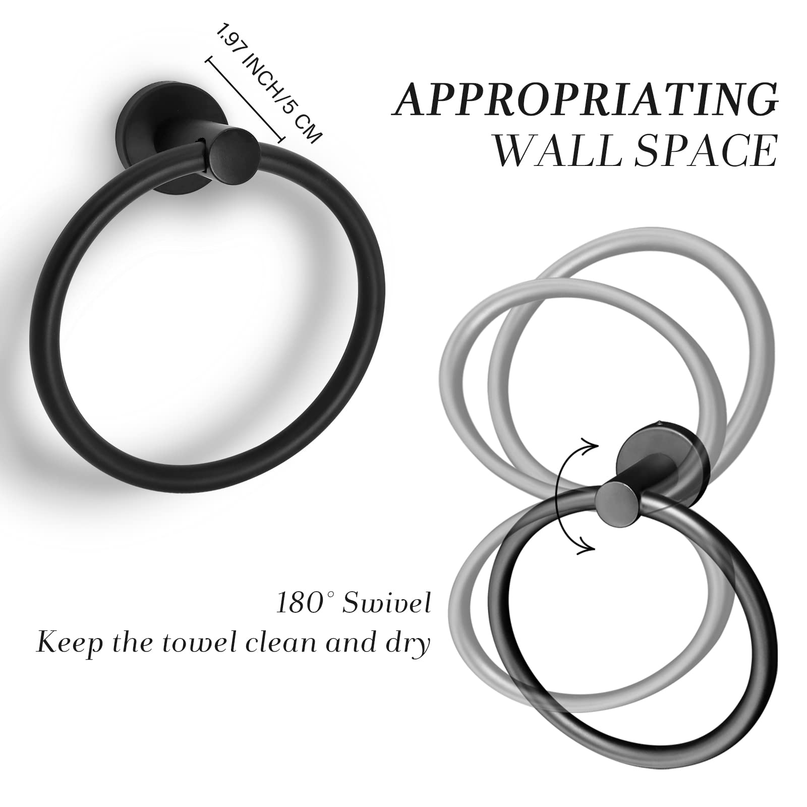 Black Towel Ring Hand Towel Holder for Bathroom Wall Mounted Bathroom Towel Holder Bathroom Towel-Racks Bathroom Hardware Simple Round Towel Hanger SUS 304 Stainless Steel (Black)