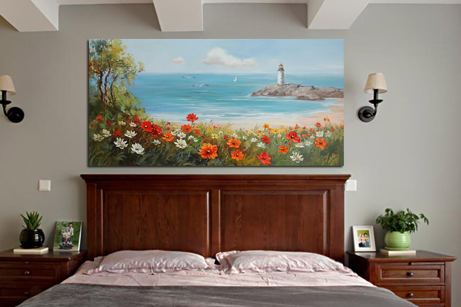 Ardemy Flowers Wall Art Canvas Blue Ocean Lighthouse Painting Seascape Landscape Coastal Picture Textured Floral Artwork Large F