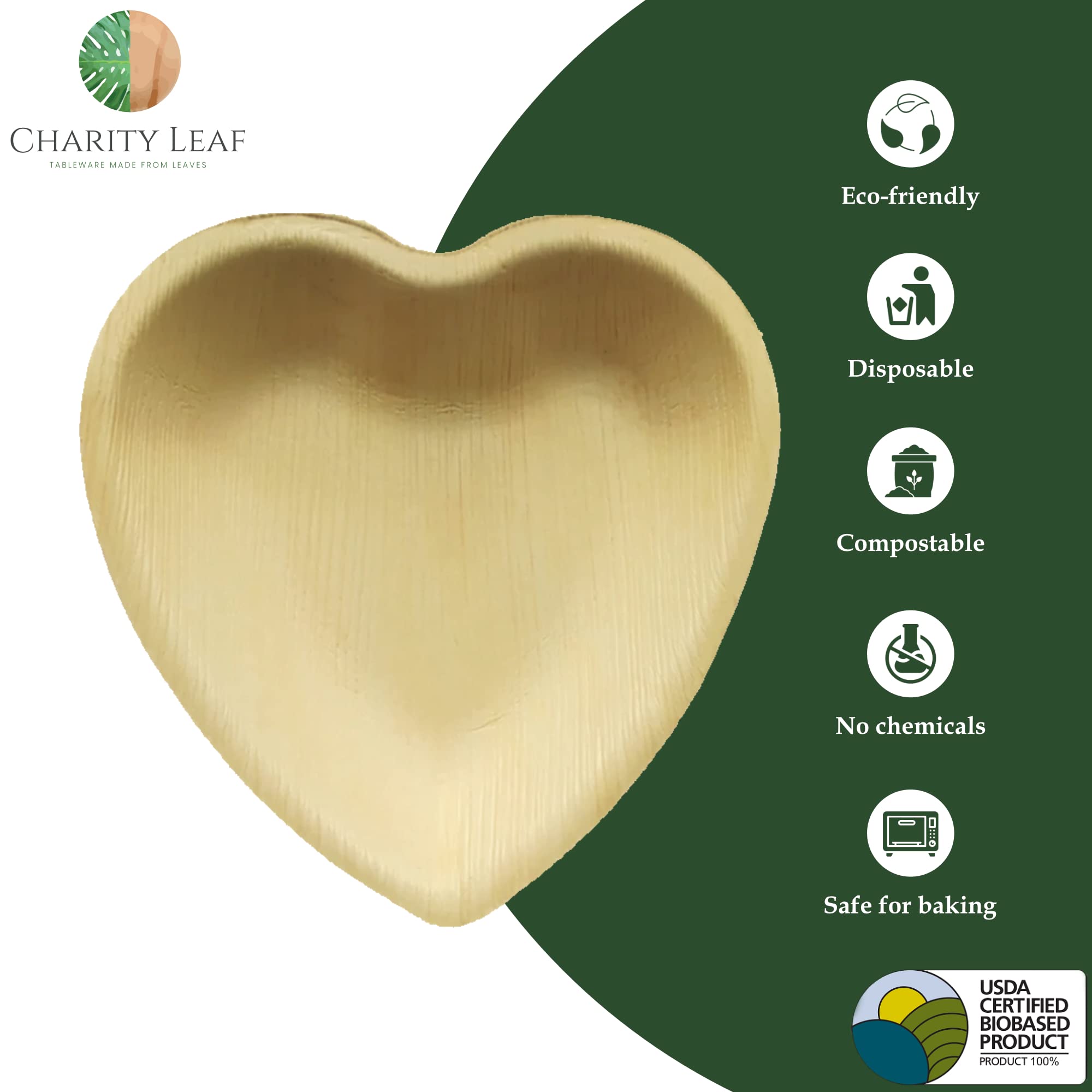 Charity Leaf Disposable Palm Leaf 6'' Heart Plates (25 Pieces) Bamboo Like Serving Platters, Disposable Boards, Eco-Friendly Din