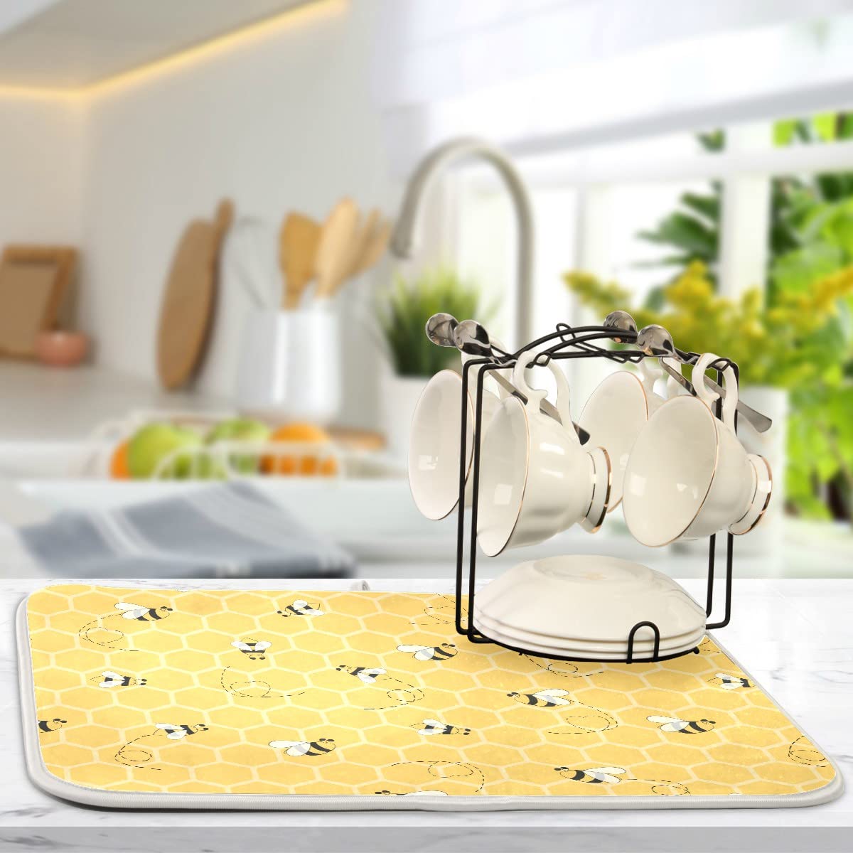 Funny Bees Honey Dish Drying Mat 18X24 For Kitchen Counter Yellow Bumblebee Beehive Dishes Pad Absorbent Fast Dry Dish Draining