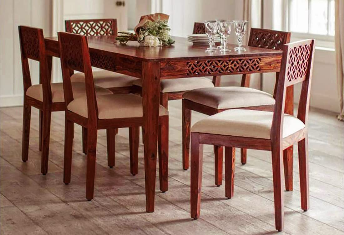 Anubhav Handicrafts Sheesham Wood 6 Seater Dining Table With Cushion Chair For Living Room Home Wooden Dining Room Furniture (Ho