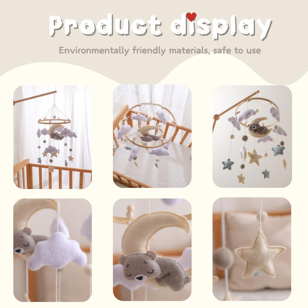 GOODMOM Sleeping Bear Baby Crib Mobile Handmade Soothing Bedtime Baby Mobile for Crib Felt Night Mood Nursery Decor for Baby Boy