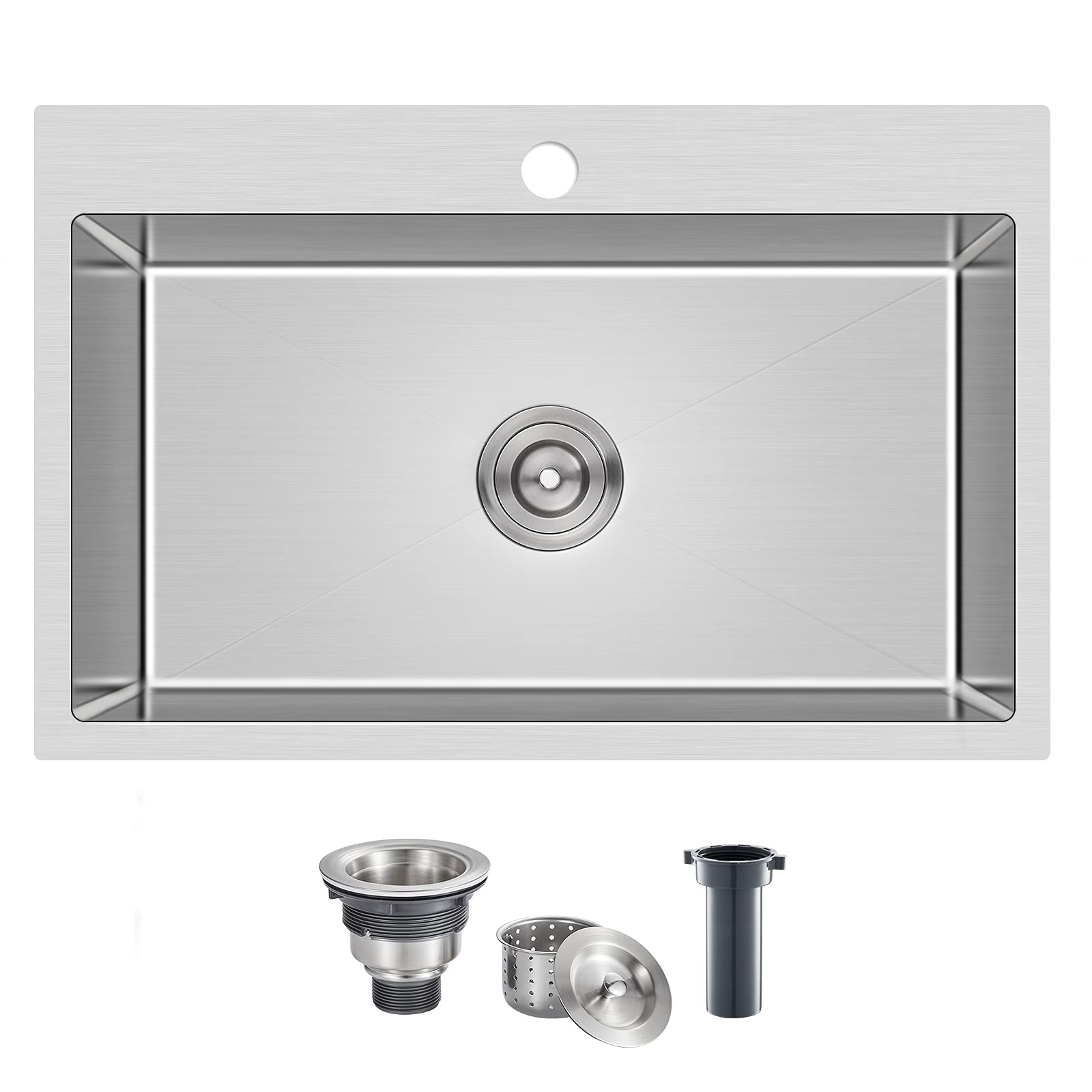 Menatt 28 Inch Drop-In Kitchen Sink, 304 Stainless Steel Topmount Handmade Kitchen Sink, Single Bowl Workstation Sink With Drain
