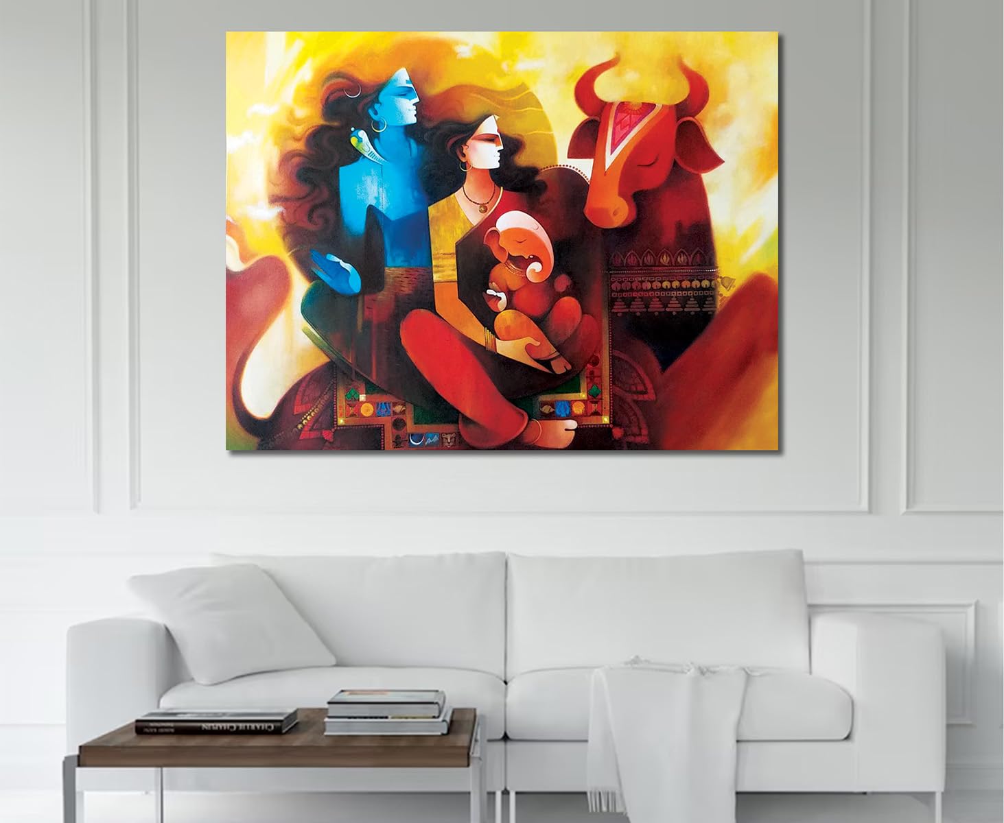 Namaste Home - Canvas Painting - Shiva Parvati & Ganesh - Indian God - Canvas Painting For Home And Office|| For Bedroom,Living