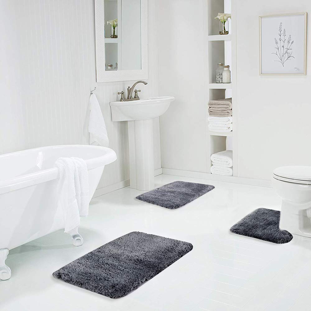 Walensee Shaggy 2 Piece Bath Rug Sets (Dark Grey) 20 X 24 U Shape Contour Rug & 20 X 32 Bathroom Rug Machine Wash/Dry Bath Mats