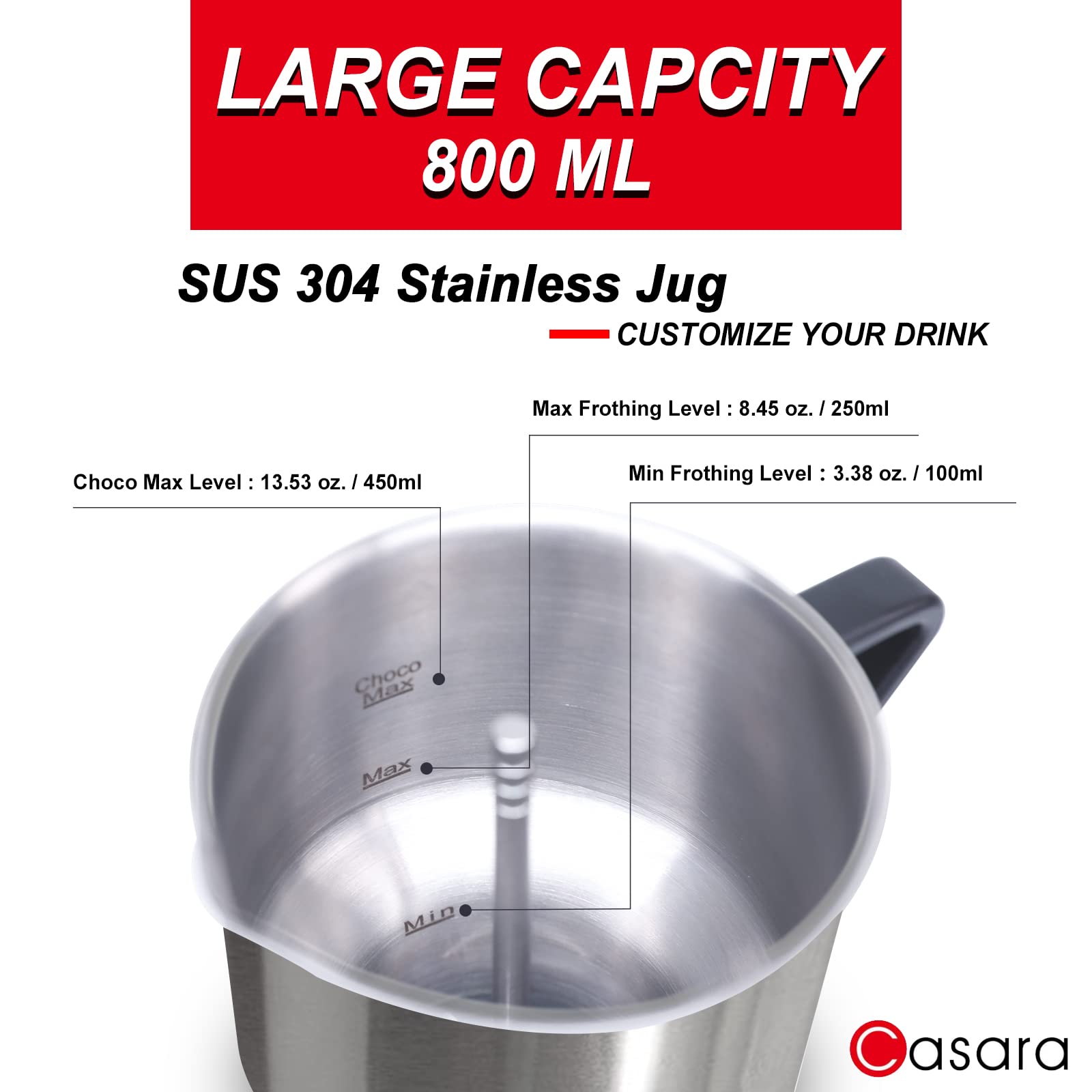 Casara Milk Frother and Steamer Machine  Warm and Cold Milk Foamer Professional Frothing Standard 4-in-1 Functions Dishwasher Safe 27oz Detachable Foam Maker for Latte Cappuccinos Hot Chocolate