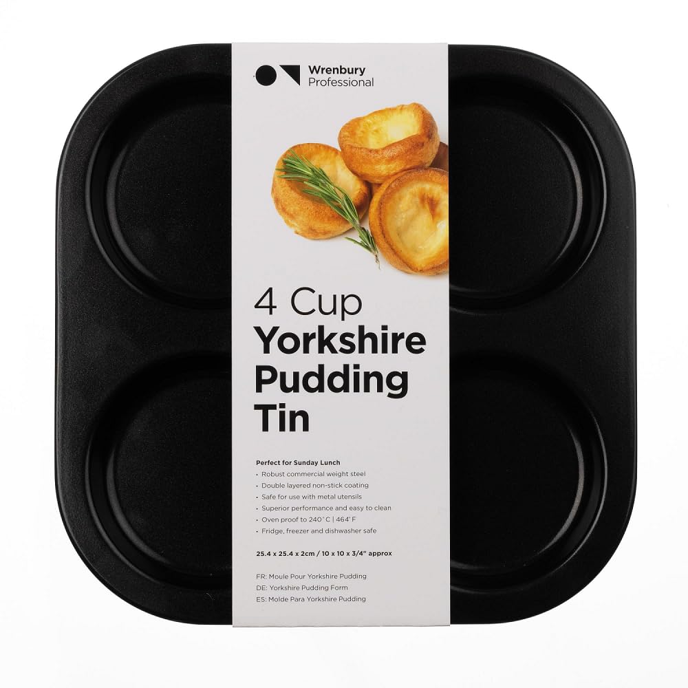 Wrenbury Yorkshire Pudding Pan Tray 4 Cup - Large Cup Heavy Gauge Yorkshire Pudding Tin Baking Pans For Perfect Yorkshires - 10