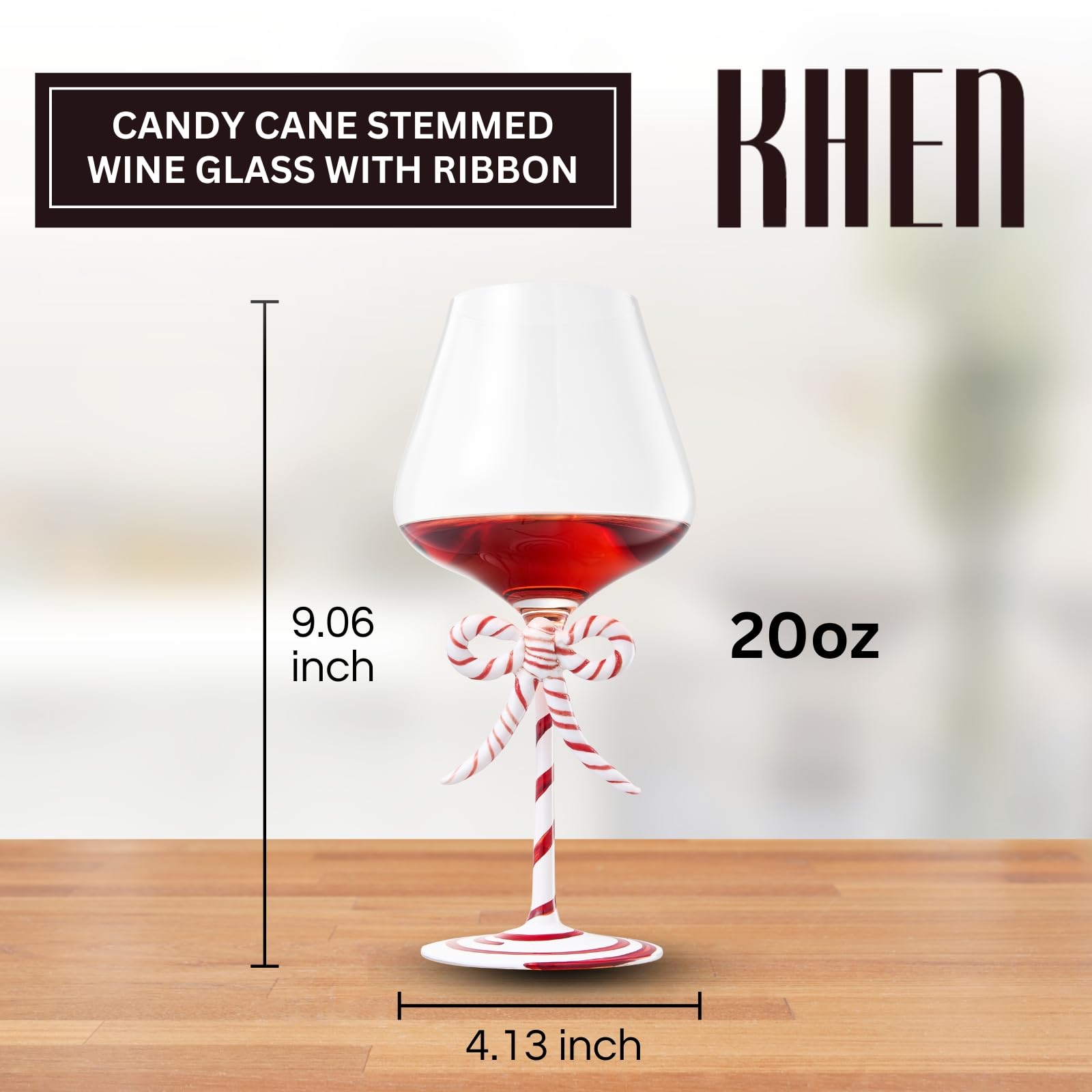 Khen Christmas Candy Cane Bow Wine Glasses - Set of 2