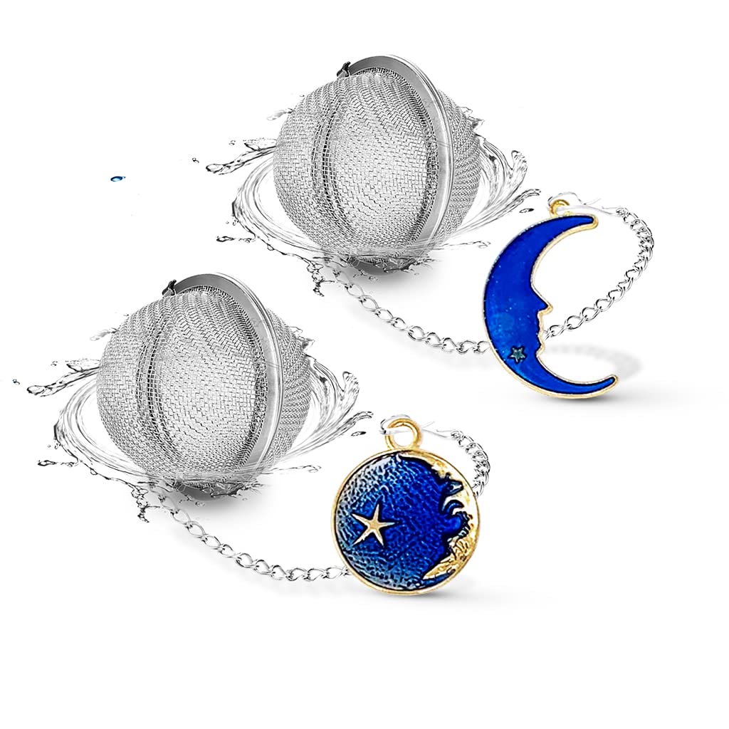 Nstaygate 2Pcs Tea Infuser, Tea Strainers For Loose Tea, Gold Plated Enamel Moon Star Celestial Charm Pendant Tea Ball Set Loose