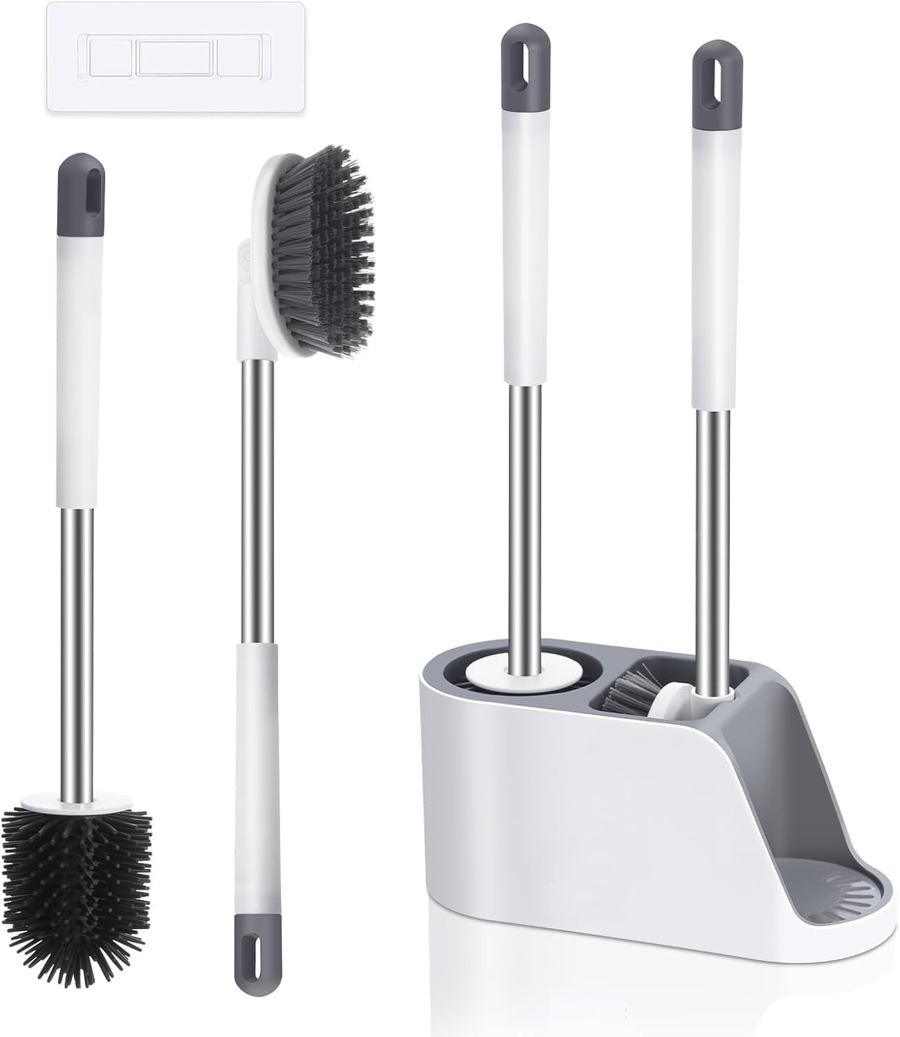 Noridy Silicone Toilet Brush With Holder Set - Free Stand Sleek Cleaner With Ventilated Drying Stand And Adhesive Wall Mounted C