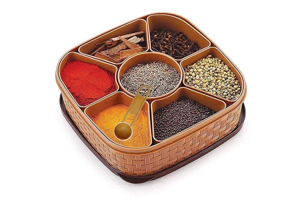 Fomquazli Multipurpose Plastic Dry Fruit Rangoli Dabba Box Set With Spoon, Spice Box Set Wooden Style Plastic Spice Organizer Fo