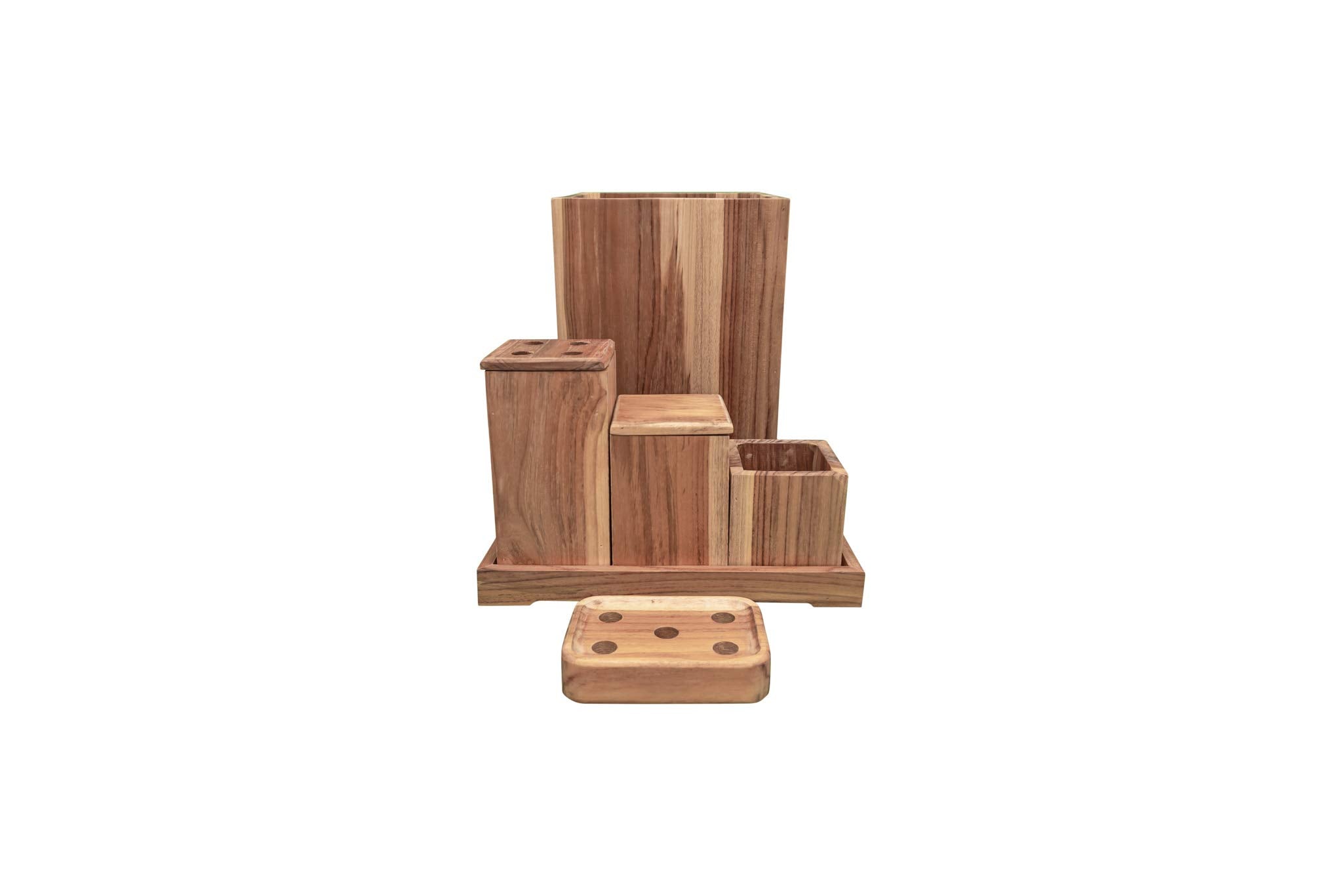 Ecodecors, Eleganto, 8 Piece, Teak Wood Bathroom Amenities Set, Bath Amenity Set, Teak Amenity Set, Teak Bathroom Accessory, Nat