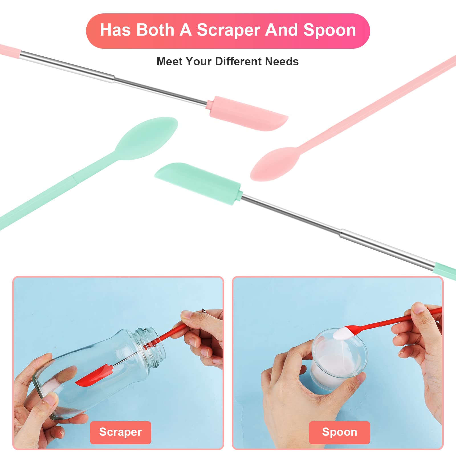 Mini Spatula And Spoon Sets, 8Pcs Mini Silicone Telescopic Spatula And Scooping Spoon Scalable Silicone Small Jar Scraper Spatul