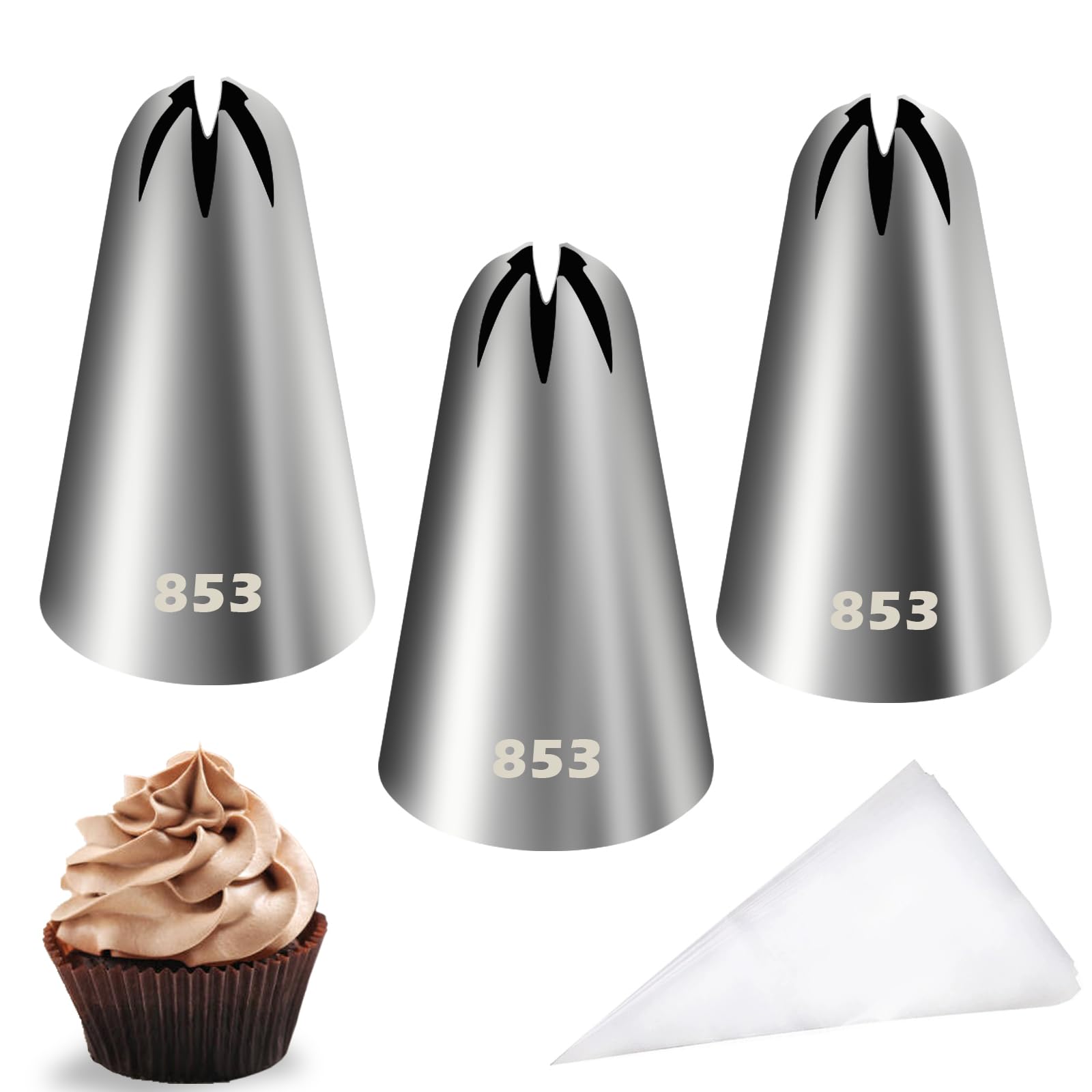 Hendiy Stainless Steel Piping Tips Set with 20 Disposable Pastry Bags for Cake Decorating, 853 Frosting Tip Cupcake Decorating K