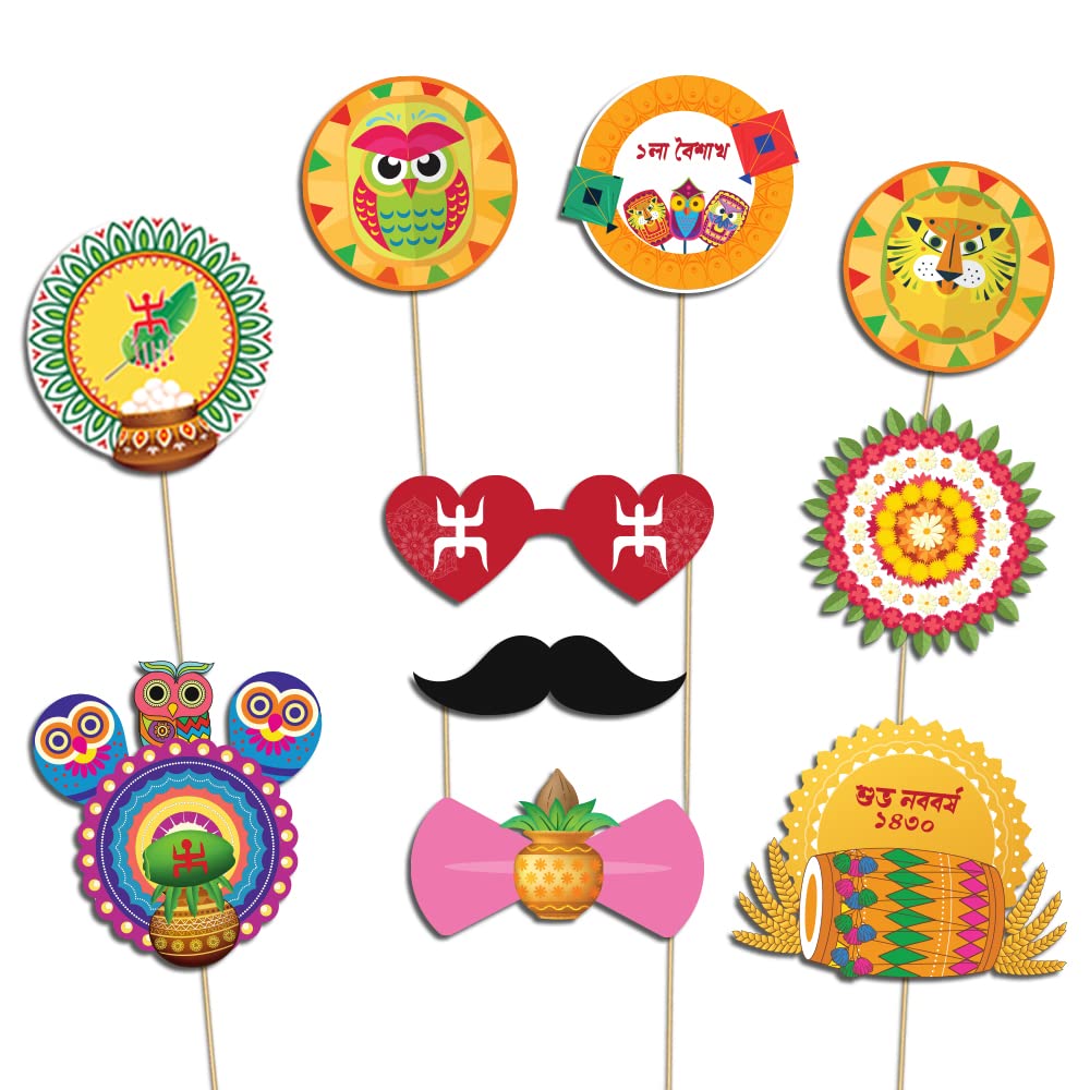 Festiko 10 Pcs Bengali New Years Photobooth Props, Poila Baisakh Photo Props, Shubho Noboborsho Party Decorations, Bengali New Y