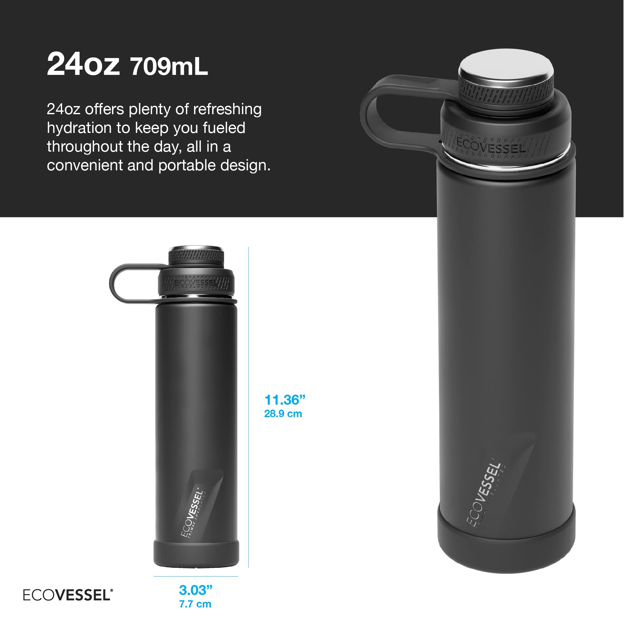 Ecovessel Boulder Trimax Insulated Stainless Steel Water Bottle With Reflecta Insulated Dual Lid, Strainer And Silicone Bottle B