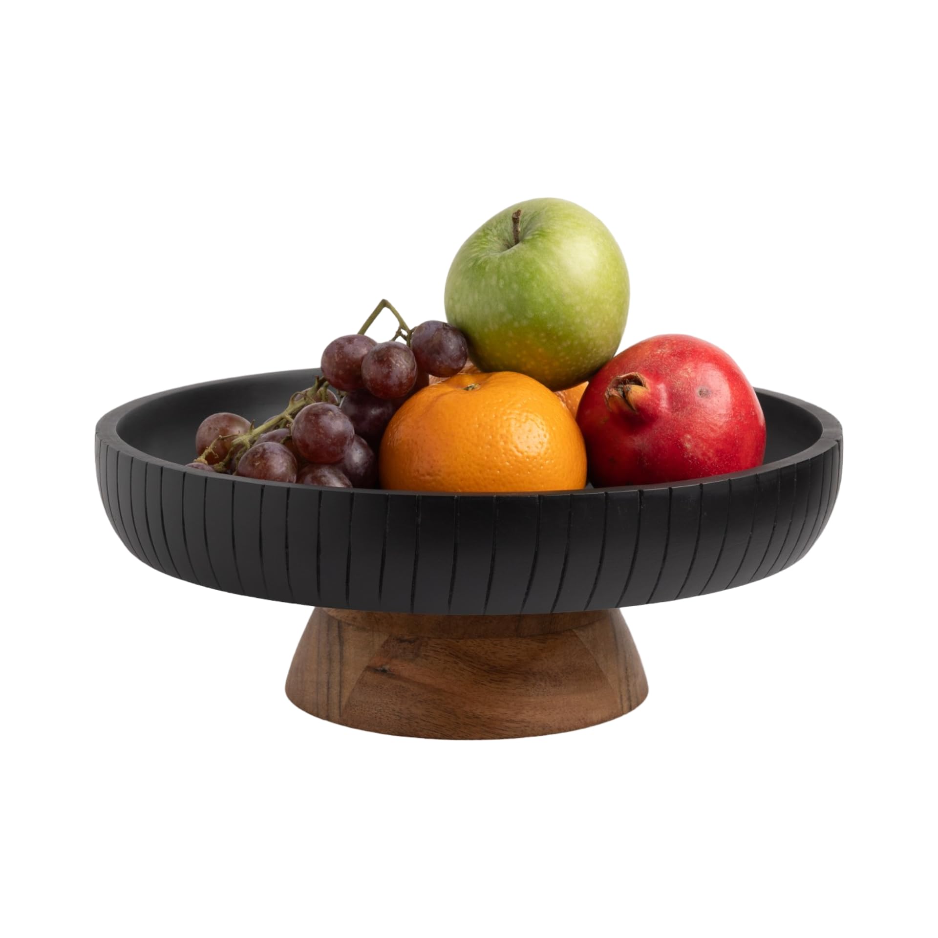 Lavauk Mango Wood Fruit Bowl, Decorative Black Bowl With Natural Finish Pedestal | 12'' Dia | Dual Tone Look | Use As Centerpiec