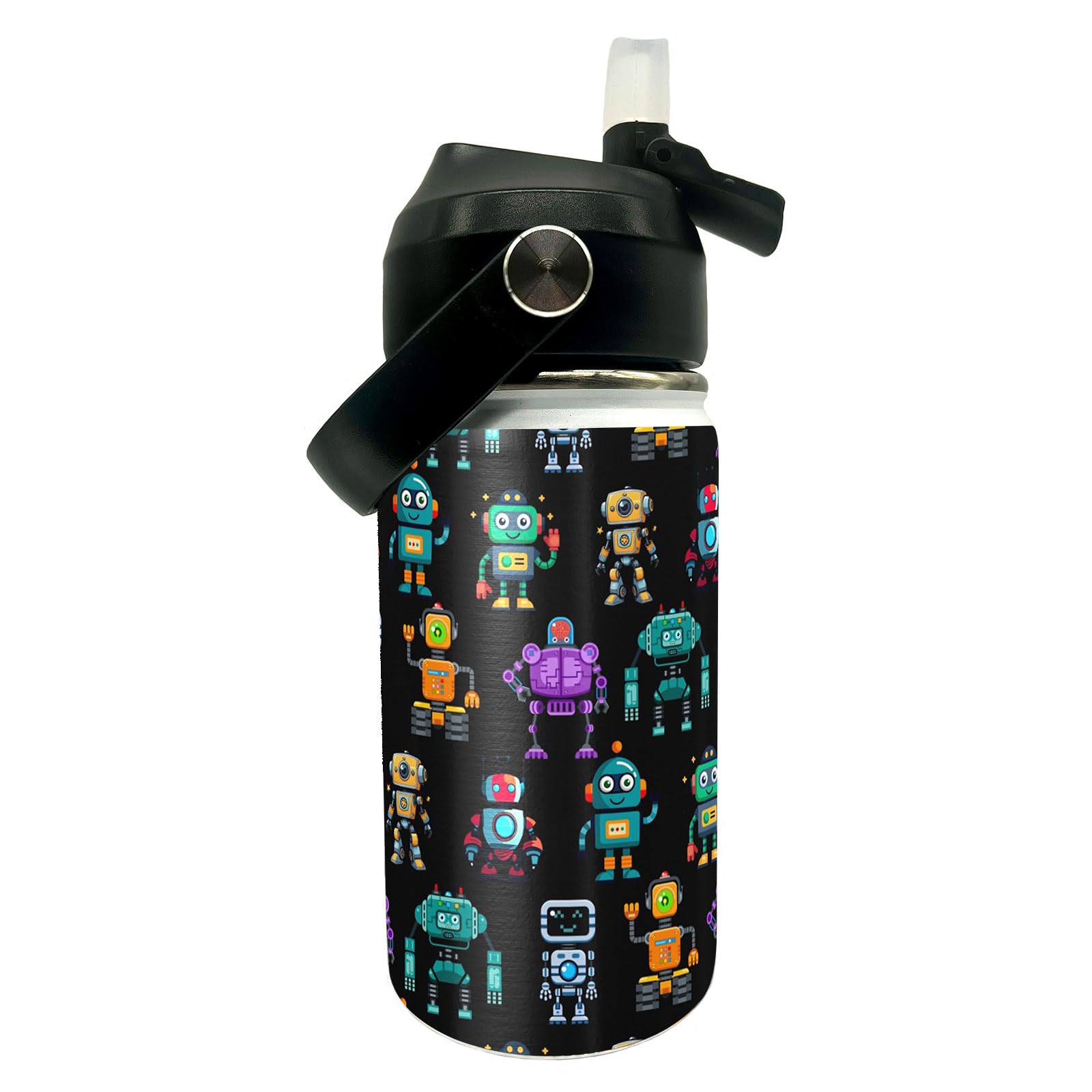 Robots Kids Water Bottle with Straw, 12 oz Stainless Steel Insulated, BPA Free, LeakProof, Kids Water Bottle for School Boys an