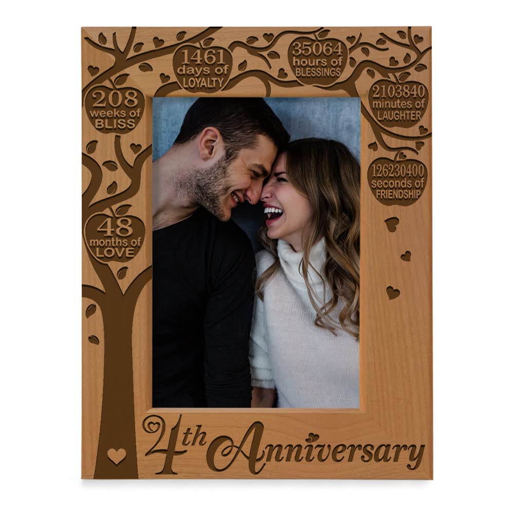 KATE POSH - Our 4th Anniversary Engraved Natural Wood Picture Frame - 4 Years of Marriage, 4th Anniversary, Four Years Together,