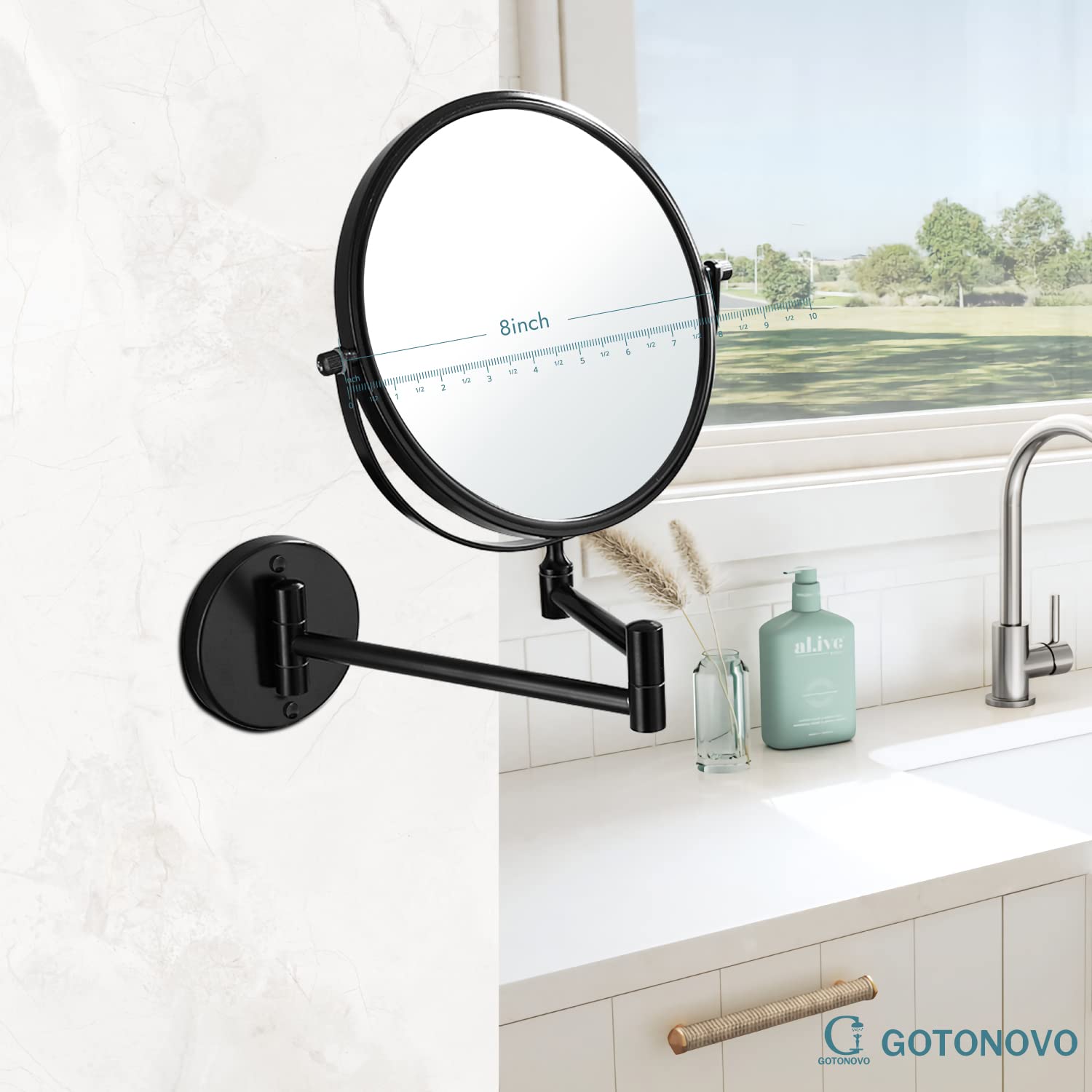 Gotonovo Wall Mounted Magnifying Mirror Pivoting Arm Double Sided Swivel Makeup Vanity Black Telescoping Handheld Mirror 8 Inch