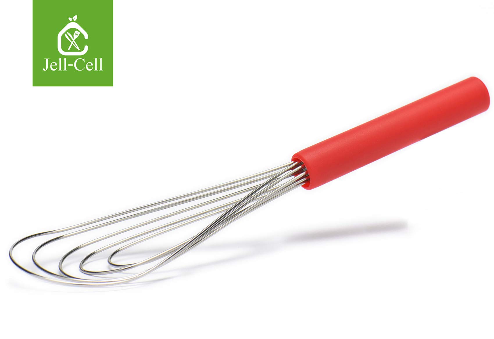 Jell-Cell Flat Whisk - 10" Silicone Handle, Non-Slip, 5 Wires, Red, Stainless Steel