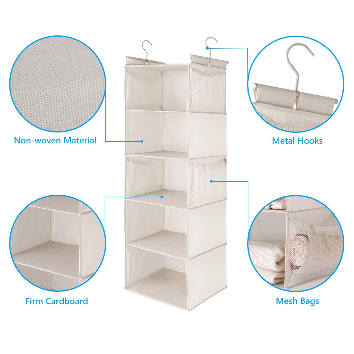Max Houser 5 Shelf Hanging Closet Organizer, Space Saver, Cloth Hanging Shelves With 4 Side Pockets, Foldable, Beige