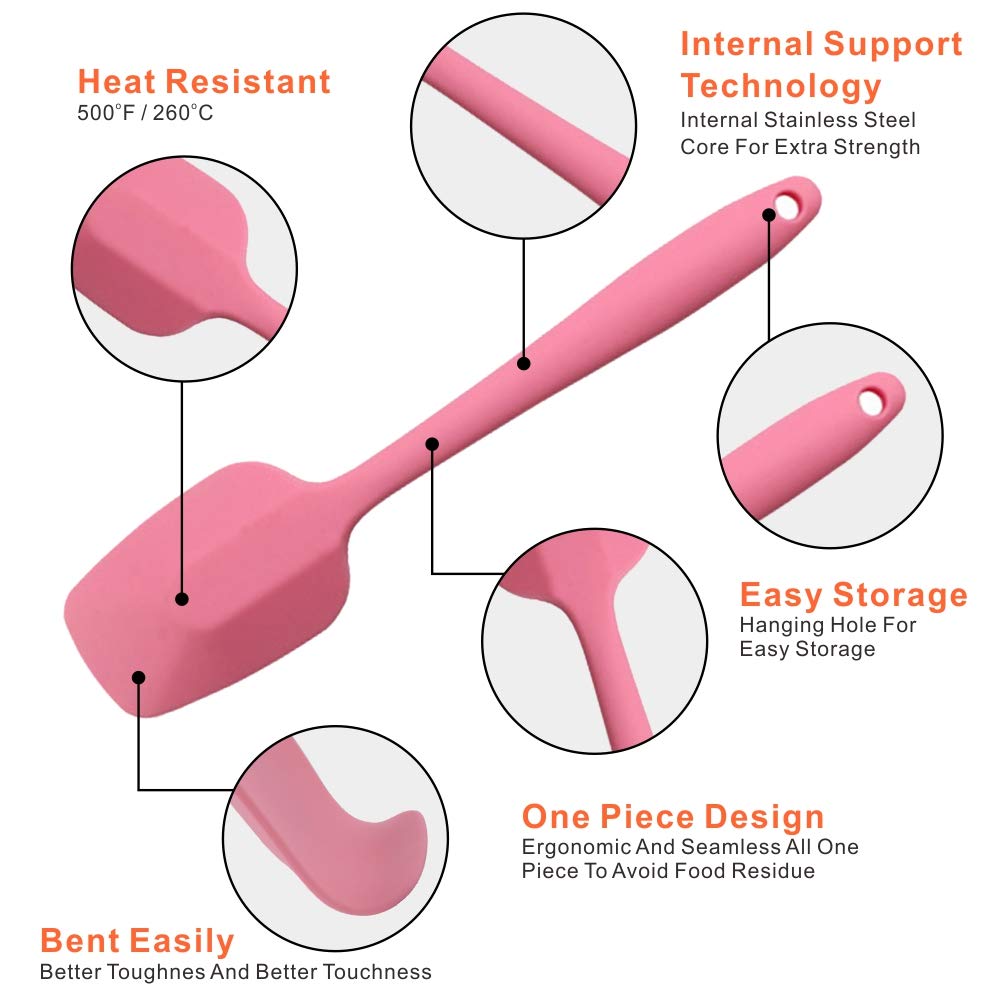 Silicone Spatulas Set  Rubber Spoon Spatula Heat Resistant Spoonula One Piece Design Seamless Spatula Non-Stick Scrapers Baking Mixing Tool (Pink)