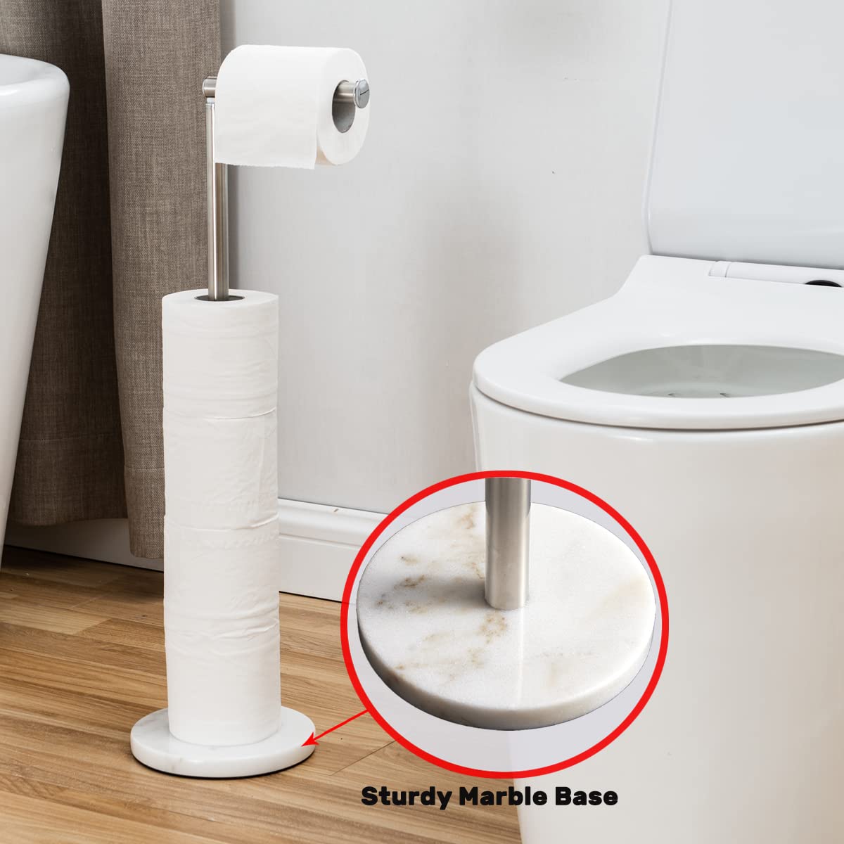 Toilet Paper Holder Stand ?2022 Upgraded? -Free Standing Toilet Paper Holder with Heavy Marble Base and Brushed Nickel SUS304 Stainless Steel Pole