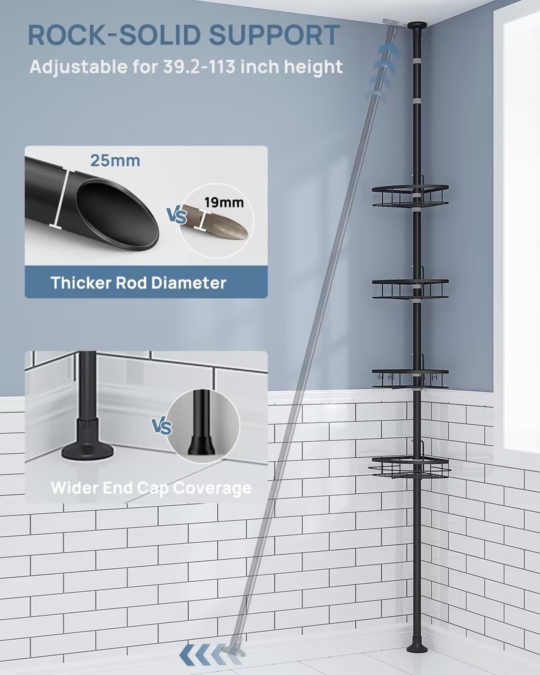 Seirione Corner Shower Caddy Tension Pole,Rustproof Bathroom Shower Organizer Corner,Adjustable Shower Shelf For Inside Shower,S