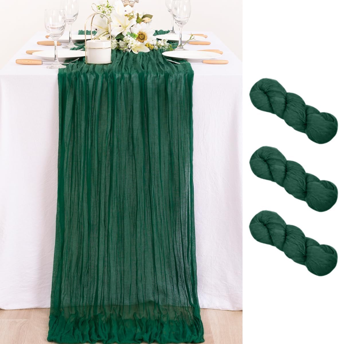 MLMC 3 Pack Emerald Green Cheesecloth Table Runner Boho Dark Green Cheese Cloth Table Runner 10ft Sheer Gauze Cheesecloth Decora