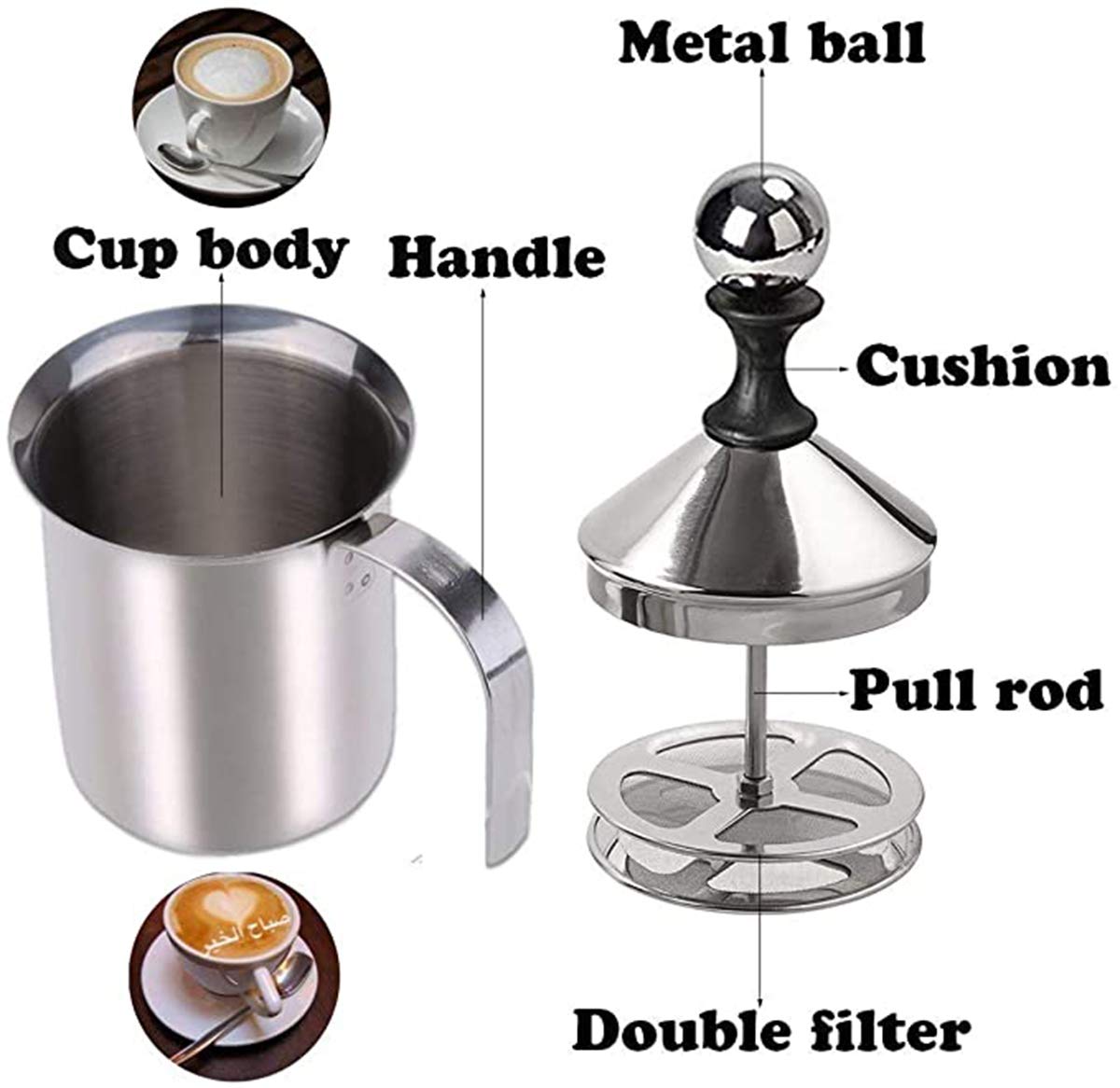 304 Stainless Steel Double-Layer Manual Foamer For Milk Coffee, Etc. (14 Oz)