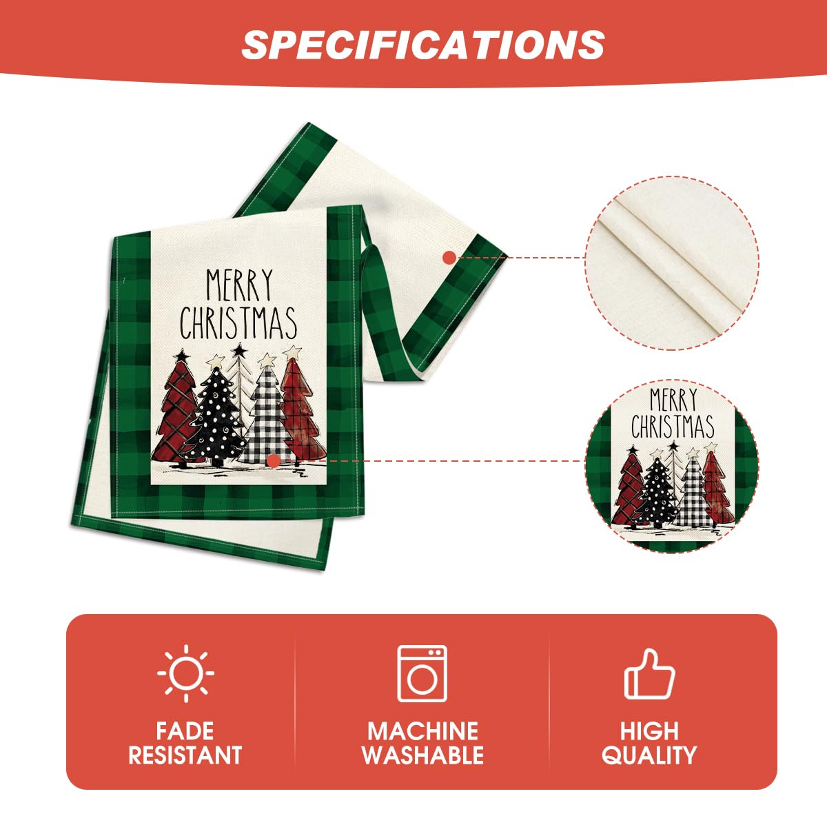 Artoid Mode Green Buffalo Plaid Xmas Trees 2Pcs Merry Christmas Table Runner, Seasonal Winter Holiday Table Decoration For Home