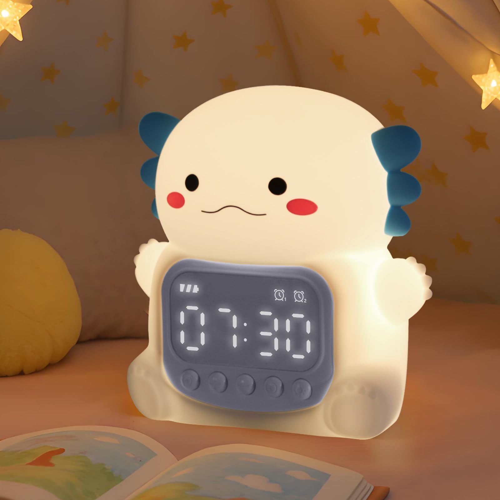 Aokpsrt Axolotl Alarm Clock with Night Light for Kids, Rechargeable Silicone Lamp Time to Wake Clock Cute Animal Tabletop Lamp, 