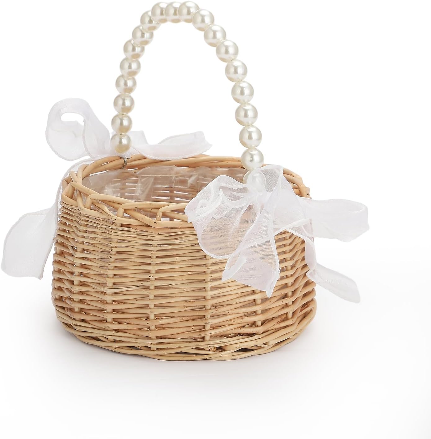 Wicker Rattan Flower Girl Basket with Pearl Handle, 6.5 * 7.8in Cute Wicker Basket Easter Basket Bowknot Flower Baskets for Wedd