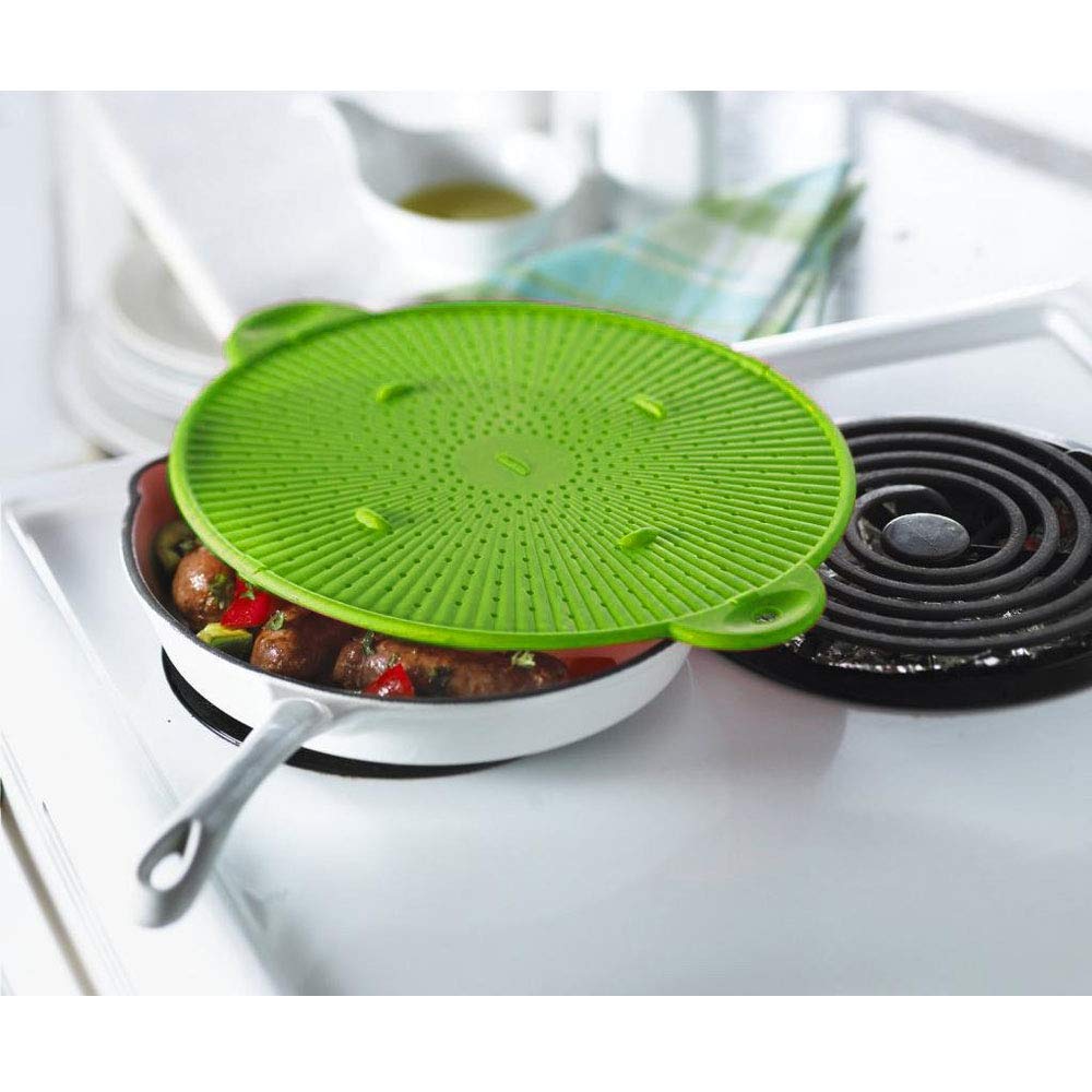 Multifunctional 3 In 1 Silicone Splatter Screen, Splatter Guard, Strainer, Trivet, 11 Inch, Green