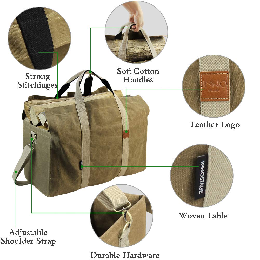 INNO STAGE 22oz Waxed Canvas Fire Wood Log Carrier Tote Bag for Fireplace with Patented Self Standing Design for Hay Hauling Outdoor Camping or BBQ Barbecue- Khaki
