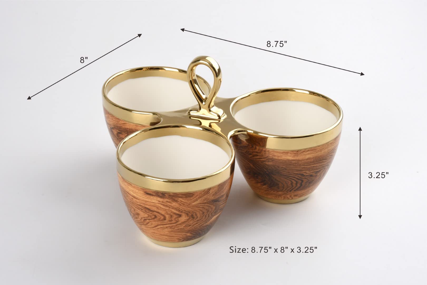 Pampa Bay Wood Look Titanium-Plated Porcelain 3 Part Server, 8.8 X 5.5 Inch, Gold/White/Wood Look