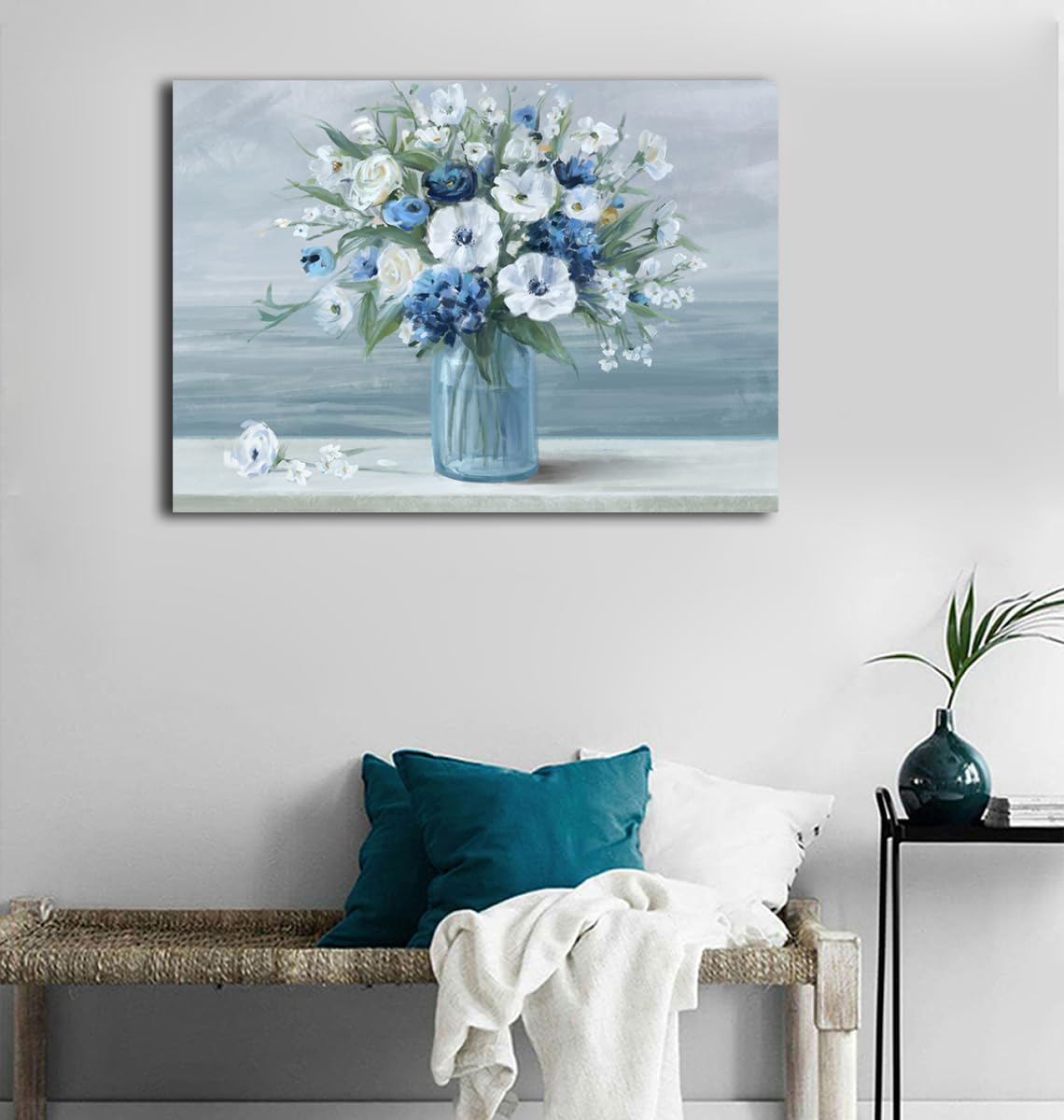 Vintage Flowers Canvas Wall Art Blue White Blossom Canvas Painting Retro Flowers in Vase Canvas Pictures Blue Ocean Seagull Background Artwork Prints for Bathroom Bedroom Wall Decor 28'' X 20''