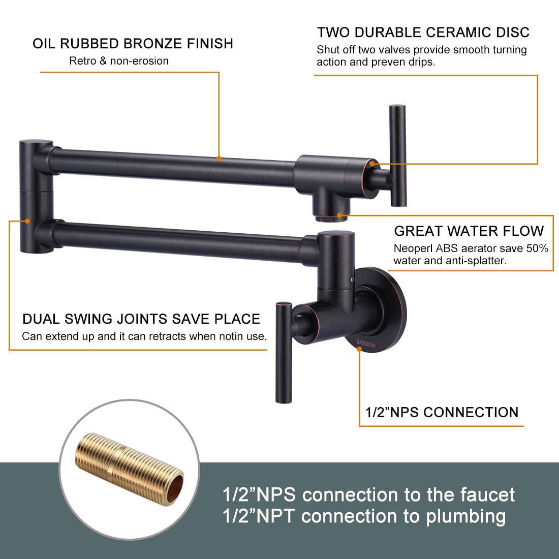 WOWOW Pot Filler Faucet Oil-Rubbed Bronze Commercial Wall Mount Stove Faucet  Brass Pot Filler Folding Faucet Over Stove  Kitchen Pot Faucet with Double Joint Swing Arms