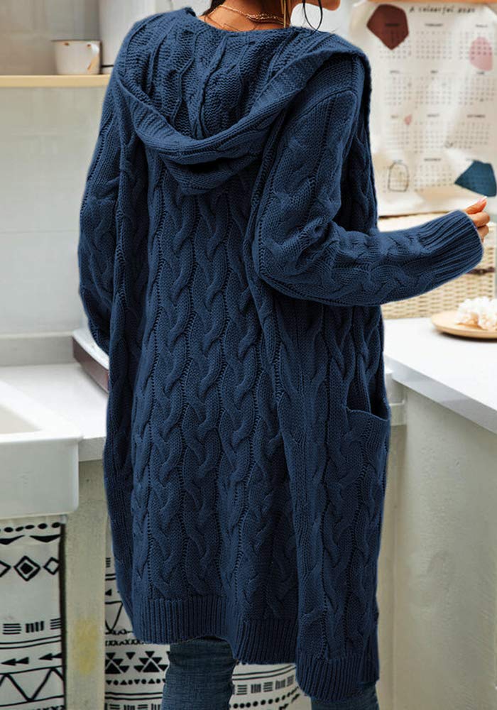 Women Hooded Open Front Cardigan Cable Knit Sweaters Solid Color Chunky Long Sweater Coats Navy Blue