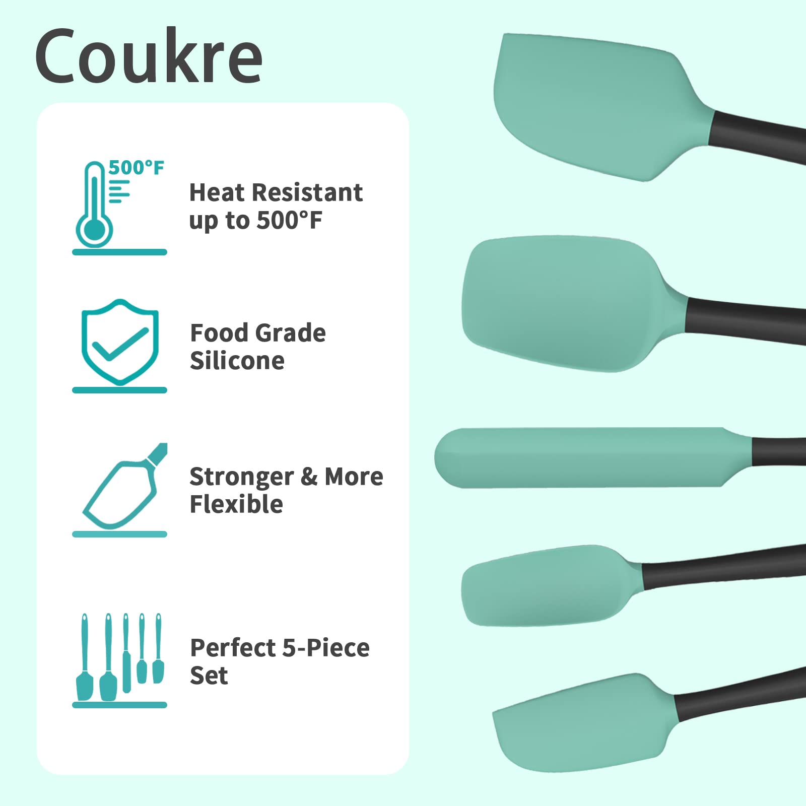 Silicone Spatula Set Of 5,High Temperature Resistant, Food Grade Silicone, Dishwasher Safe, For Baking, Cooking (Aqua Green)