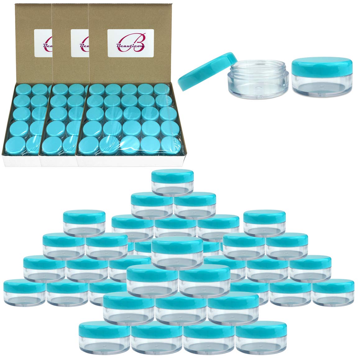 Beauticom (Quantity: 200 Pieces) 5G/5Ml Round Clear Jars With Teal Sky Blue Lids For Scrubs, Oils, Toner, Salves, Creams, Lotion