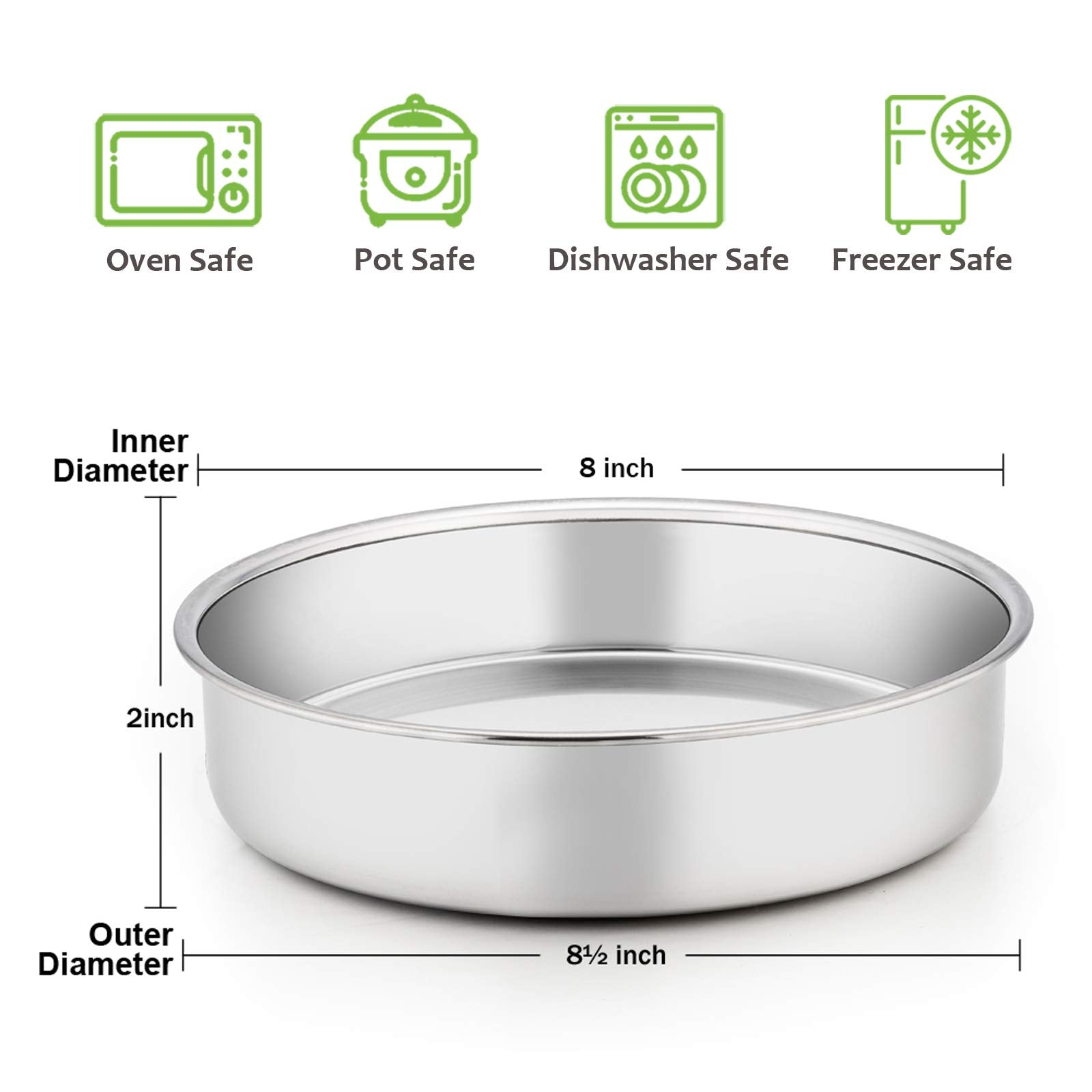 E-Far 8 Inch Cake Pan Set Of 3, Stainless Steel Round Layer Cake Baking Pans, Non-Toxic & Healthy, Mirror Finish & Dishwasher Sa