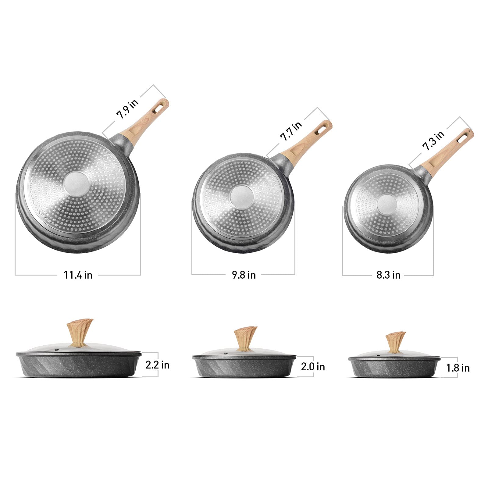 Yiifeeo Nonstick Frying Pan Set, Stone Skillet Set, Omelette Pan Cookware Set, Induction Frying Pan With 3 Lid(8Inch&9.5Inch&11I