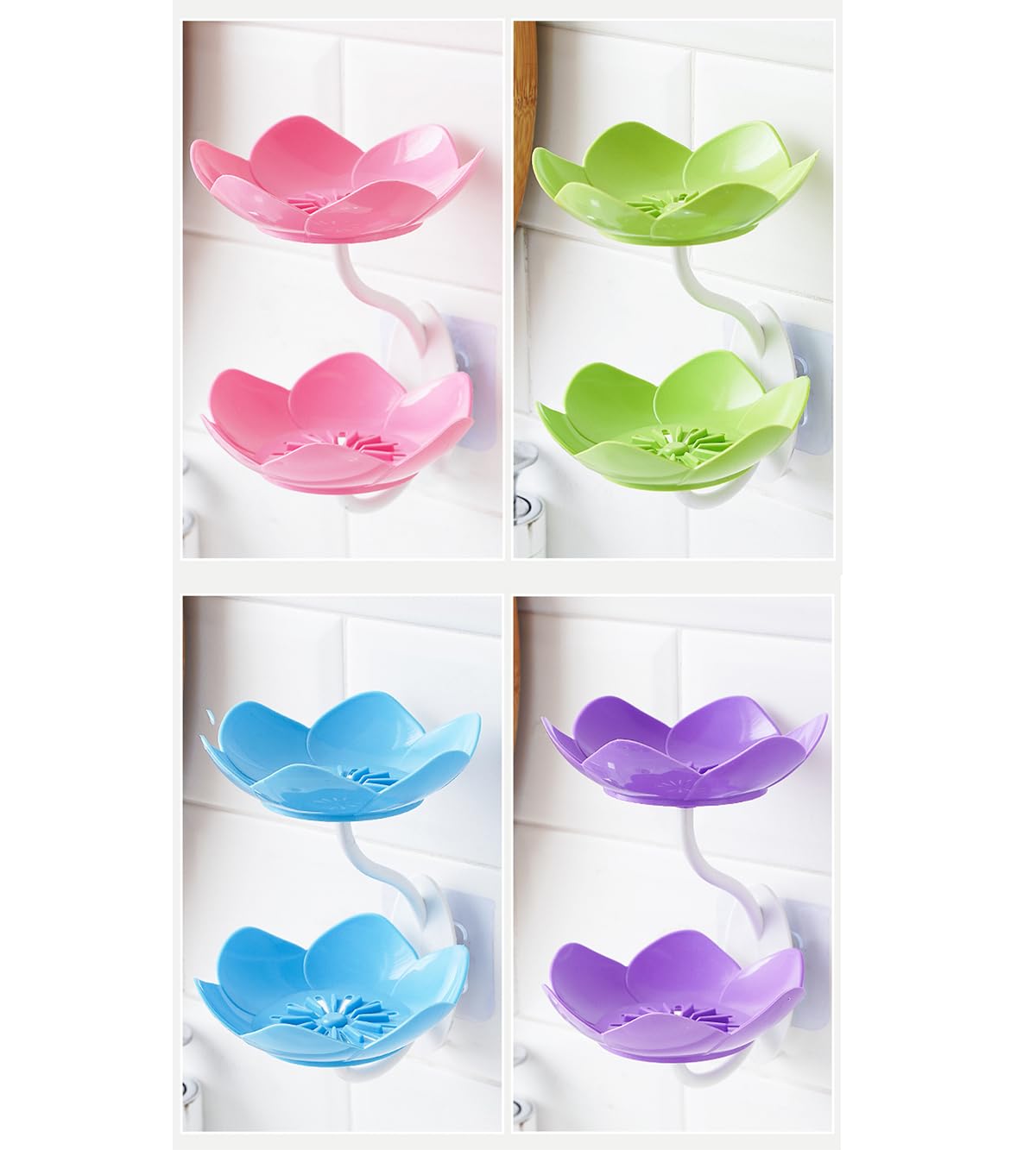 4 Pack Soap Dish Holder for Shower Bar Double Layer Cute Lotus Shape Adhesive Tray Sink Wall Mounted Shampoo NO-Drilling Self Dr
